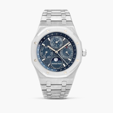 View full screen - View 1 of Lot 2211. Royal Oak Quantieme Perpetuel, Reference 26574ST.OO.1220ST.02 | A stainless steel perpetual calendar bracelet watch with moon phases, 52 weeks and leap year indication, Circa 2016.