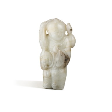 View full screen - View 1 of Lot 205. A WHITE JADE BOY RIDING A HOBBY HORSE, LATE MING DYNASTY | 晚明 白玉騎馬童子把件.
