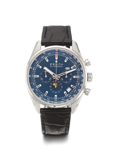 View full screen - View 1 of Lot 150. ZENITH | EL PRIMERO 410, A LIMITED EDITION STAINLESS STEEL AUTOMATIC TRIPLE CALENDAR CHRONOGRAPH WRISTWATCH WITH MOON PHASES CIRCA 2017.