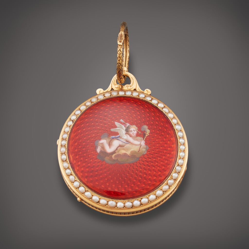 View full screen - View 1 of Lot 446. A diminutive pink gold, enamel and pearl-set musical open-faced watch | Circa 1800.