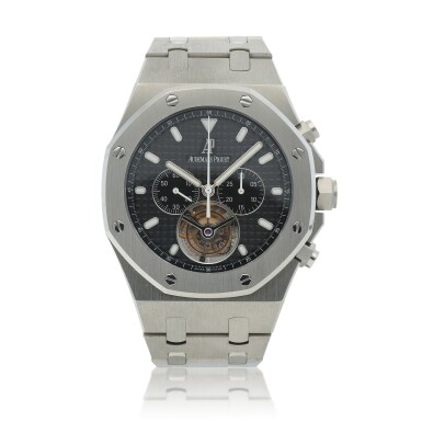 View full screen - View 1 of Lot 111. Royal Oak Tourbillon Chronograph, Ref. 25977ST Stainless steel tourbillon chronograph wristwatch Circa 2010 | 愛彼 | 25977ST型號「Royal Oak Tourbillon Chronograph」精鋼陀飛輪計時腕錶,年份約2010.