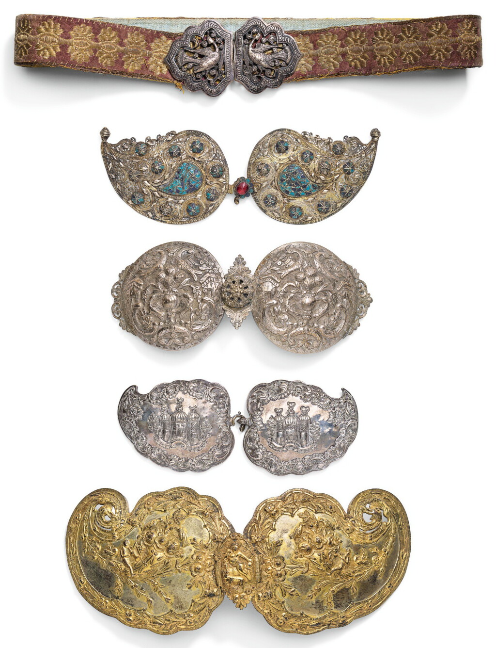 View full screen - View 1 of Lot 298. FIVE OTTOMAN SILVER AND SILVER-GILT BELT BUCKLES, TURKEY, GREECE AND BALKANS, 19TH CENTURY.