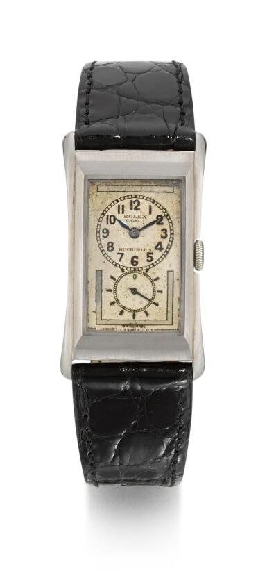 View full screen - View 1 of Lot 13. ROLEX | RETAILED BY BUCHERER, PRINCE, REFERENCE 1490 STAINLESS STEEL RECTANGULAR WRISTWATCH, CIRCA 1937.