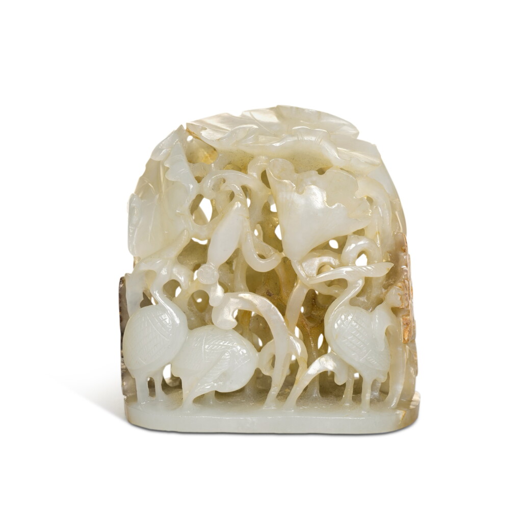 View full screen - View 1 of Lot 956. A reticulated white jade 'egret and lotus' finial, Yuan / Ming dynasty.