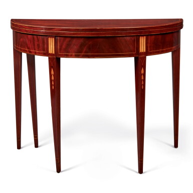 View full screen - View 1 of Lot 1719. FEDERAL INLAID MAHOGANY DEMI-LUNE GAMES TABLE, NEW YORK, NEW YORK, CIRCA 1800.