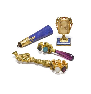 View full screen - View 1 of Lot 303. An Austrian Art Nouveau Gold-Mounted Lapis Lazuli Parasol Handle and an Italian Gold and Ruby-Set Cameo of the Madonna, Circa 1900 and 1950.