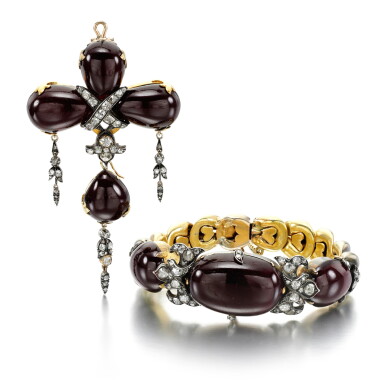 View full screen - View 1 of Lot 87. ALMANDINE GARNET AND DIAMOND DEMI-PARURE.