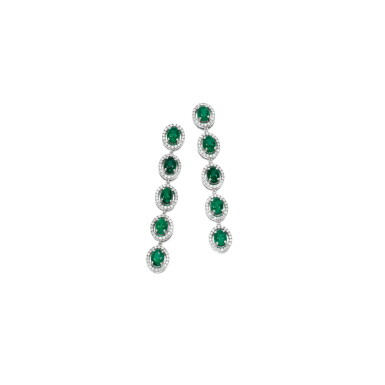 View full screen - View 1 of Lot 180. PAIR OF EMERALD AND DIAMOND EARRINGS.