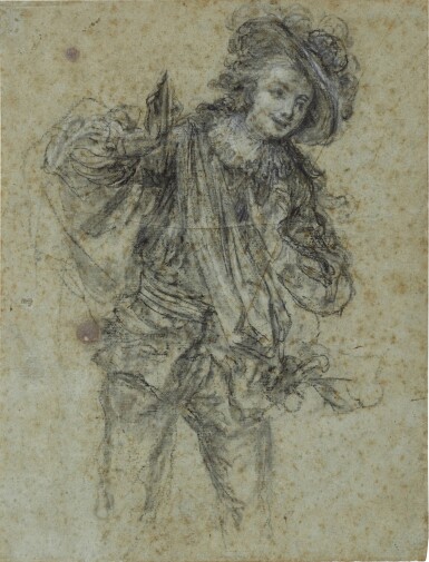View full screen - View 1 of Lot 228. LOUIS JOSEPH WATTEAU, CALLED WATTEAU DE LILLE | STUDY OF A YOUNG MAN IN COMMEDIA DELL'ARTE COSTUME.