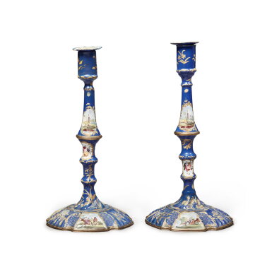 View full screen - View 1 of Lot 535. A Pair of George III Enamel Candlesticks, South Staffordshire, Circa 1770.