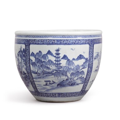 View full screen - View 1 of Lot 154. A blue and white 'landscape' jardinière, Qing dynasty, 18th century.