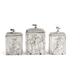 A George II Silver Chinoiserie Tea Caddy Set, William Tuite, London, 1758