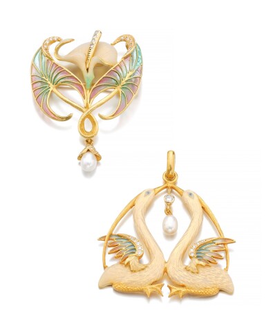 View full screen - View 1 of Lot 36. TWO ENAMEL, CULTURED PEARL AND DIAMOND PENDANTS | MASRIERA.