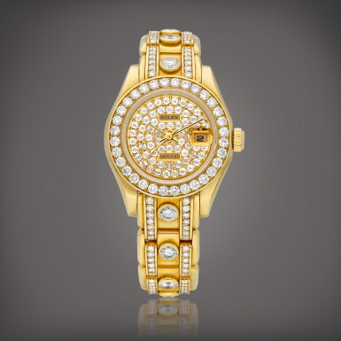 View full screen - View 1 of Lot 853. DateJust Pearlmaster, Reference 69298 | A yellow gold and diamond-set wristwatch with date and bracelet, Circa 1995 | 勞力士 | DateJust Pearlmaster 型號69298 | 黃金鑲鑽石鏈帶腕錶,備日期顯示,約1995年製.
