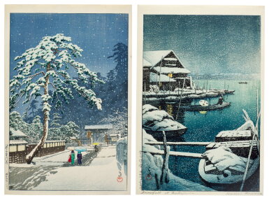 View full screen - View 1 of Lot 120. Kawase Hasui (1883-1957) | Two woodblock prints depicting snow scenes | Showa period, 20th century.