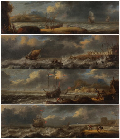 View full screen - View 1 of Lot 518. Group of four coastal scenes with Dutch vessels in stormy weather.