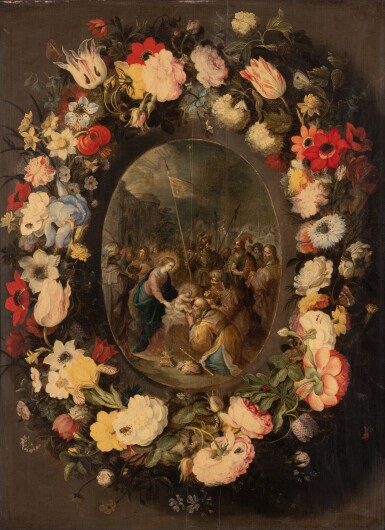 View full screen - View 1 of Lot 108. The Adoration of the Magi, surrounded by a garland of flowers.