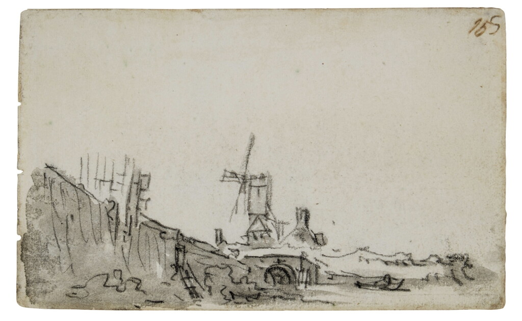 View full screen - View 1 of Lot 24. Landscape with a windmill above an arched bridge, on the left a quay wall.