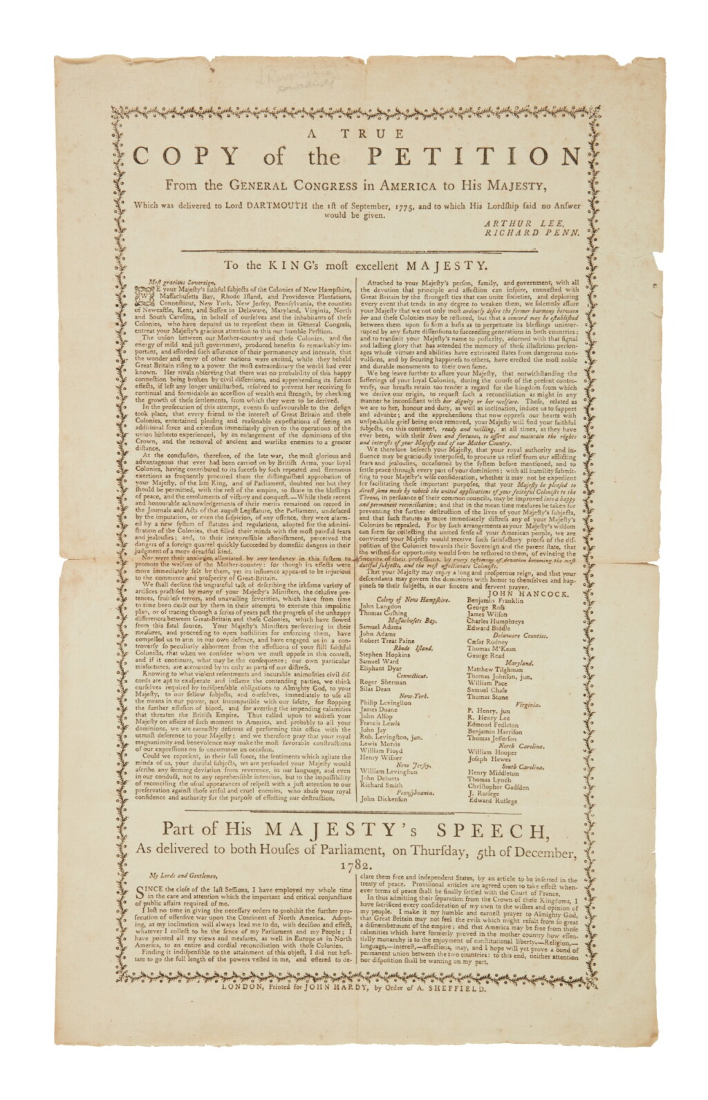 View full screen - View 1 of Lot 36. Olive Branch Petition | A rare broadside, with the King's speech acknowledging American independence.