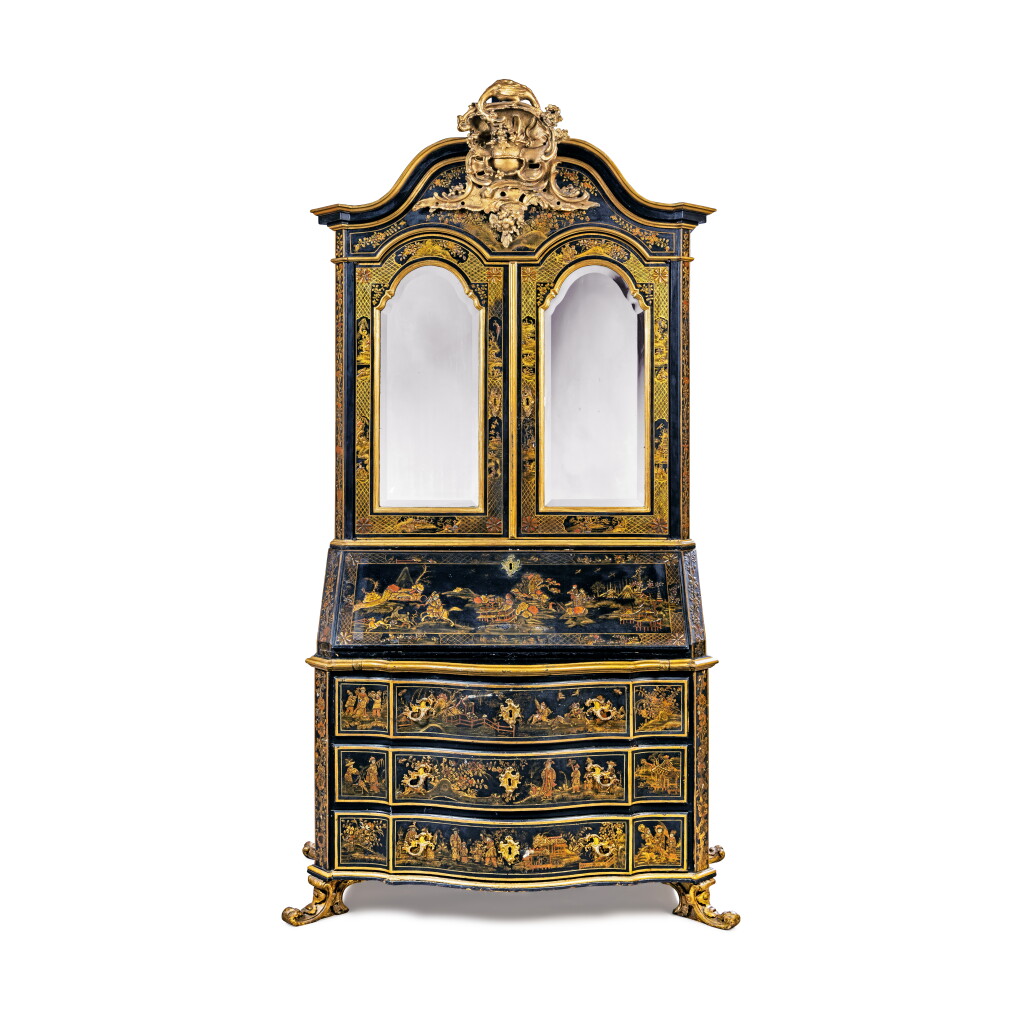 View full screen - View 1 of Lot 10. A Danish japanned wood bureau cabinet, circa 1750, attributed to Mathias Ortmann.