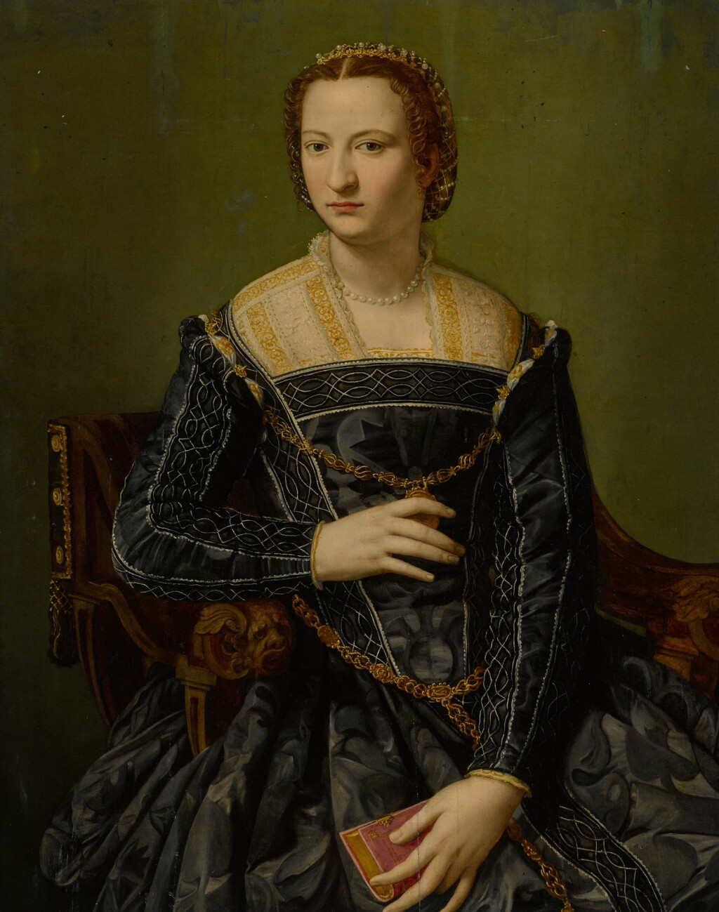 Voir en plein écran - Voir 1 du lot 24. Portrait of a lady in black, holding a book, three-quarter length.