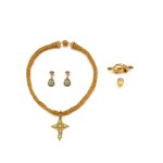 Gold and turquoise demi-parure, 1830s and an enamel brooch with locket, circa 1820