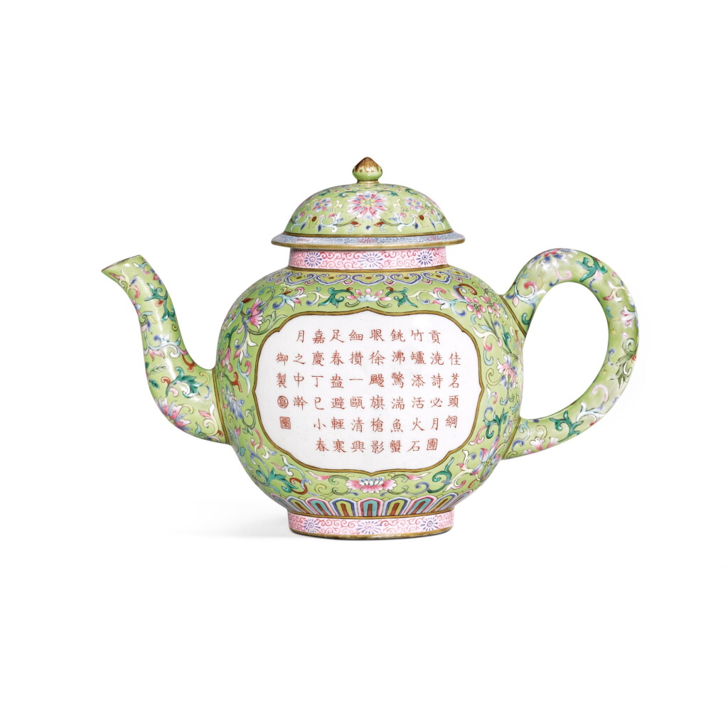 View full screen - View 1 of Lot 156. A rare lime green-ground famille-rose and gilt-decorated teapot and cover, Seal mark and period of Jiaqing | 清嘉慶 淺綠地粉彩描金開光御製詩茶壺 《嘉慶丁已小春月之中澣》 「嘉」「慶」印 《大清嘉慶年製》款.