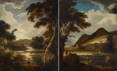 View full screen - View 1 of Lot 41. A pair of landscapes: A wooded river landscape with a ferry and figures, a ruined tower beyond; A coastal landscape with figures by the shore, a town and mountains beyond.