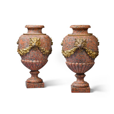 View full screen - View 1 of Lot 30. A pair of French gilt-bronze mounted pink granite vases, second half 19th century.