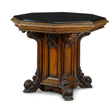 View full screen - View 1 of Lot 20. A Victorian carved oak Gothic Revival centre table by William Constantine & Co., Leeds, mid-19th century.