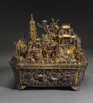 View full screen - View 1 of Lot 22. A remarkable Chinese silver-gilt filigree and polychrome enamel table ornament, unmarked, probably 2nd half of the 18th century.