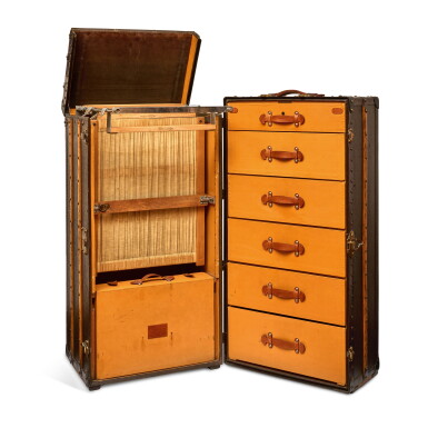View full screen - View 1 of Lot 1210. Brown Monogram, Wood and Canvas Malles Amoires Wardrobe Trunk, C. 1920's.