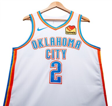 View full screen - View 1 of Lot 99. Shai Gilgeous-Alexander Oklahoma City Thunder 2024 NBA Playoffs Western Conference Round 1 Game Worn Association Edition Jersey | Game 1.