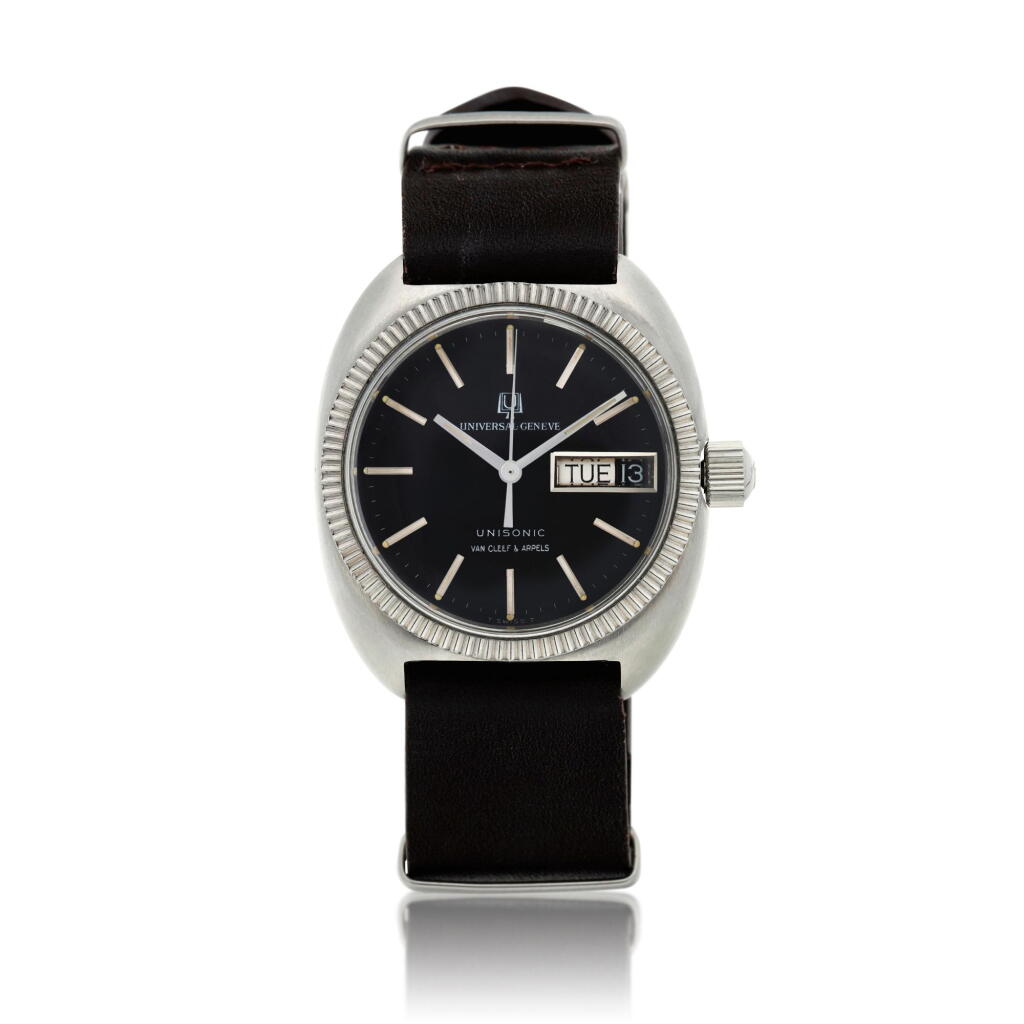 View full screen - View 1 of Lot 8. Reference 853104/31 Unisonic A stainless steel wristwatch with day and date, Circa 1975.