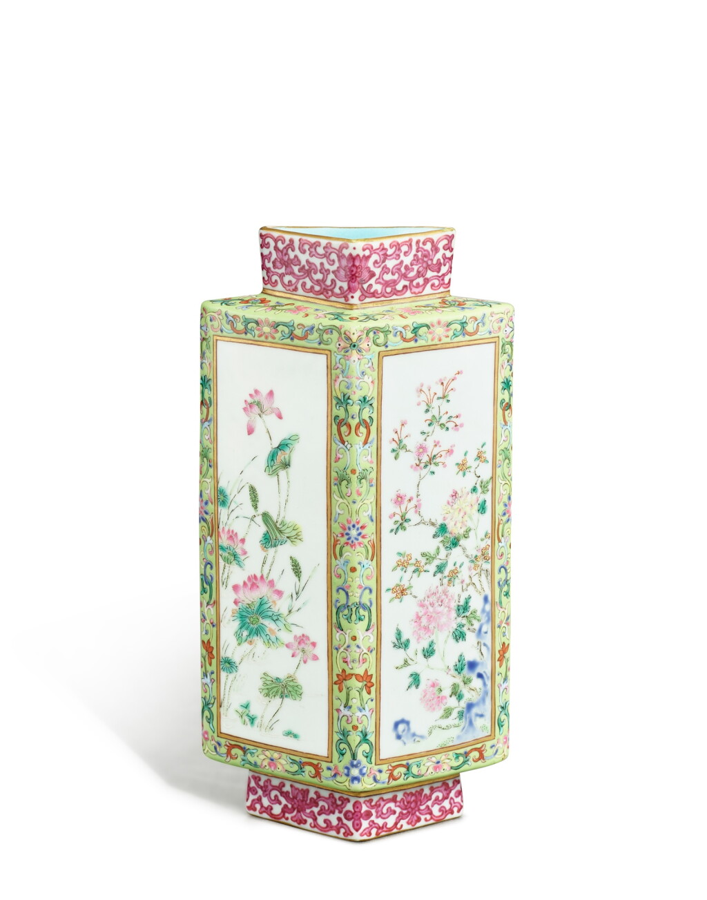 View full screen - View 1 of Lot 9860. A lime-green-ground famille-rose facetted wall vase, Seal mark and period of Jiaqing | 清嘉慶 綠地粉彩開光花卉紋轎瓶 《大清嘉慶年製》款.