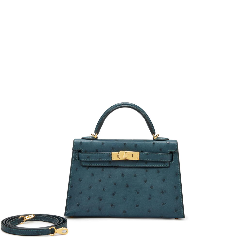 View full screen - View 1 of Lot 44. Vert Mangrove Ostrich Mini Kelly II 20 Gold Hardware, 2025.