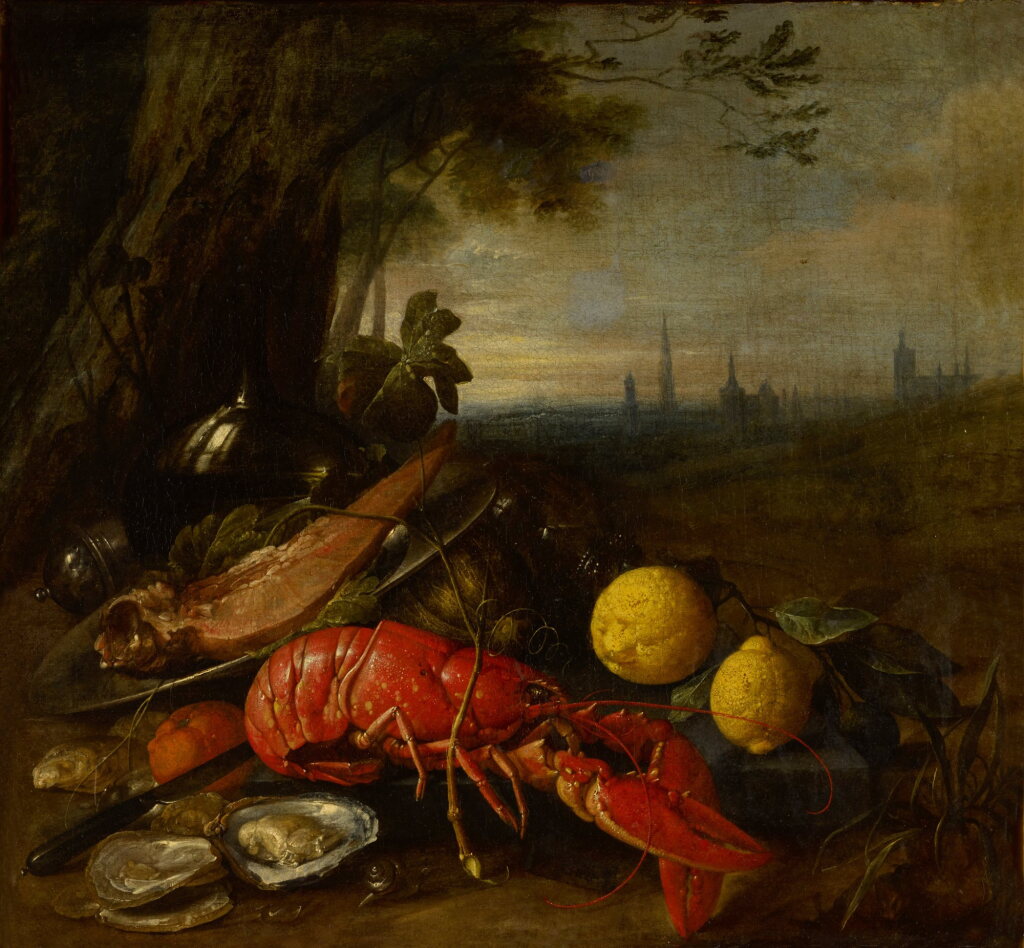 View full screen - View 1 of Lot 59. Still life of a lobster, oysters and lemons beneath a tree, with a view of Brussels beyond.