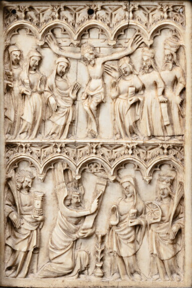 View full screen - View 1 of Lot 1. FRENCH, MOSAN OR RHENISH, CIRCA 1360-80 | AN IVORY WRITING TABLET WITH THE CRUCIFIXION AND THE ANNUNCIATION.