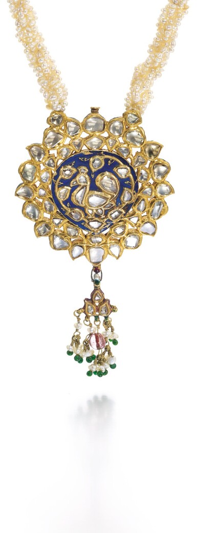 View full screen - View 1 of Lot 235. A DIAMOND-SET AND ENAMELLED GOLD PENDANT WITH SEED-PEARL STRING NECKLACE, NORTH INDIA, 19TH CENTURY.