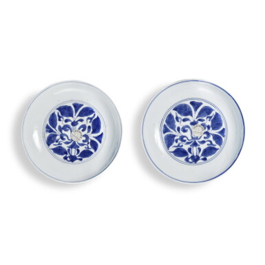 View full screen - View 1 of Lot 492. A pair of blue and white 'lotus' dishes, Marks and period of Yongzheng.