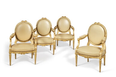 View full screen - View 1 of Lot 338. A Set of Four Louis XVI Carved Giltwood Fauteuils a la Reine, Last Quarter 18th Century.