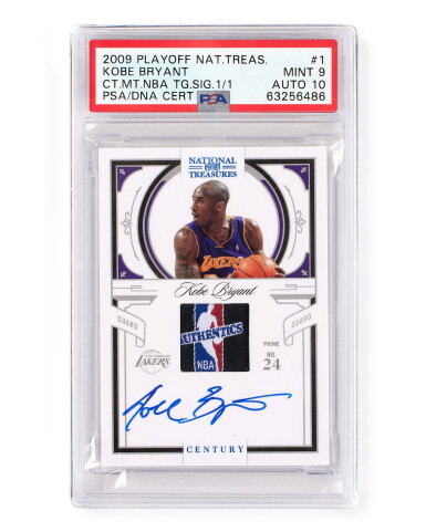 View full screen - View 1 of Lot 13. 2009-10 Panini Playoff National Treasures Century Material Signature NBA Logoman Tag #1 Kobe Bryant - PSA 9 & PSA/DNA Autograph 10 | 1 of 1 | Logoman Laundry Tag.