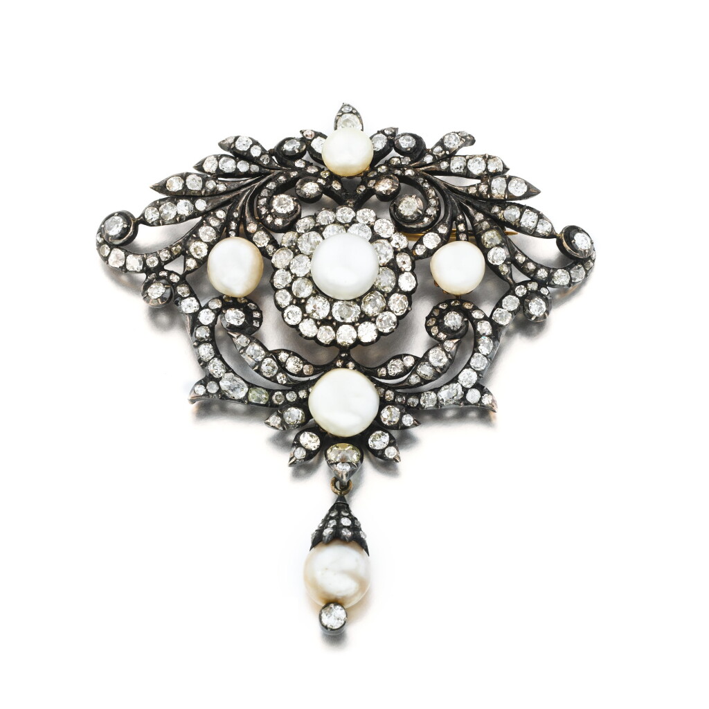 View full screen - View 1 of Lot 1064. A pearl and diamond brooch, mid 19th century.
