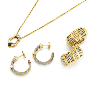 View full screen - View 1 of Lot 111. Cartier | Paires de boucles d'oreille et collier diamants | Two pairs of earrings and diamond necklace.