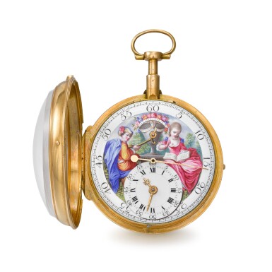 View full screen - View 1 of Lot 1371. A rare and early gold single cased perpetuelle watch with polychrome enamel painted dial and centre seconds Circa 1785.