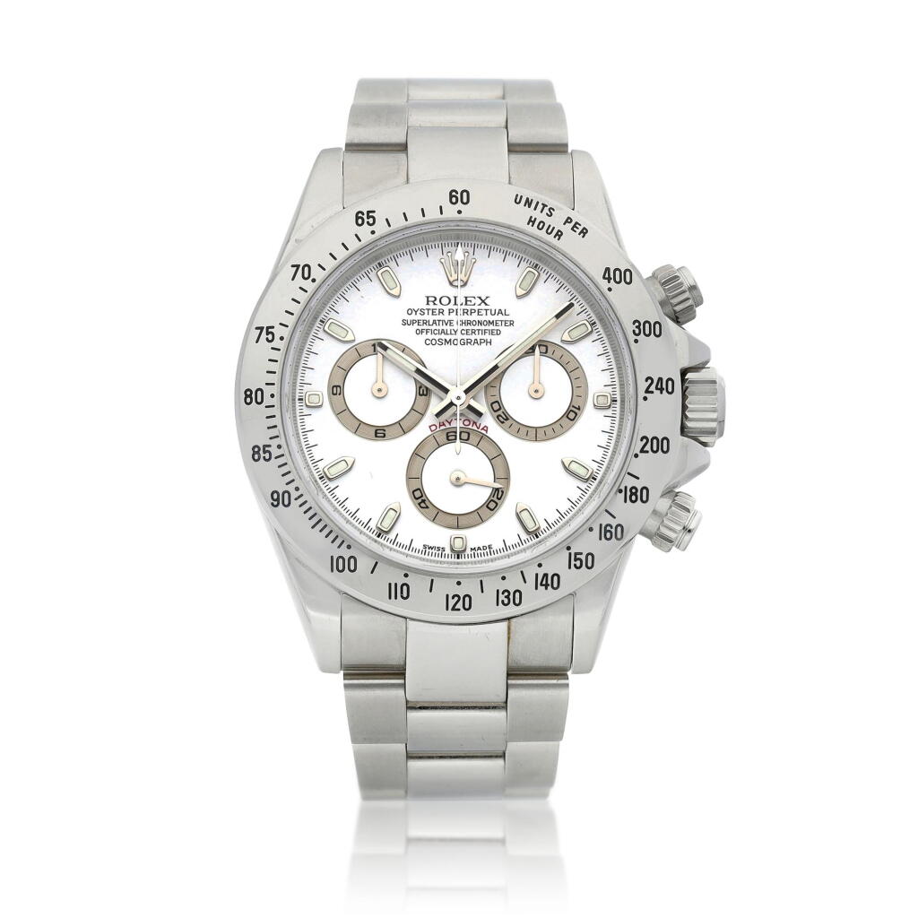 View full screen - View 1 of Lot 2062. Cosmograph Daytona, Reference 116520 | A stainless steel chronograph wristwatch with bracelet, Circa 2005, Formerly in the collection of Eric Clapton, CBE | 勞力士 | Cosmograph Daytona 型號116520 | 精鋼計時鏈帶腕錶,約2005年製,原為 Eric Clapton, CBE 收藏.