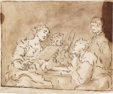 View full screen - View 1 of Lot 8. Three men around a table listening to a woman who is probably singing.