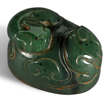 View full screen - View 1 of Lot 351. A SMALL SPINACH-GREEN JADE SEAL QING DYNASTY, 19TH CENTURY | 清十九世紀 碧玉「湛靜齋」印章.