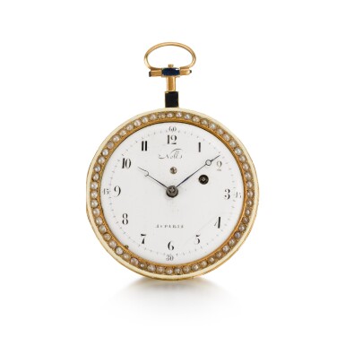 View full screen - View 1 of Lot 1342. A slim gold, enamel and pearl-set verge watch Circa 1795.