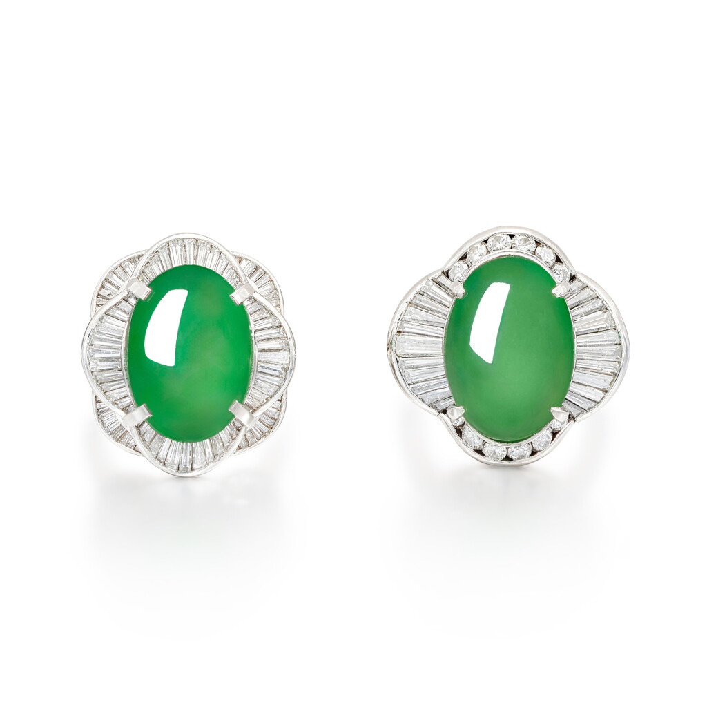 View full screen - View 1 of Lot 1654. TWO JADEITE AND DIAMOND RINGS | 天然翡翠 配 鑽石 戒指兩枚.
